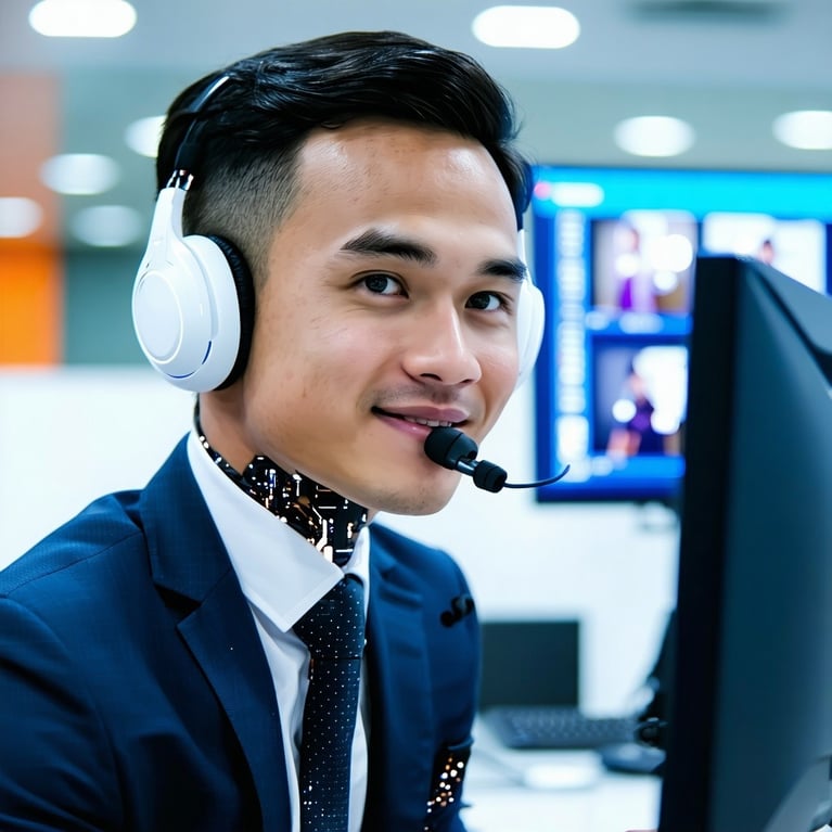 create an image of a filipino customer support agent that is guided by an AI assist-3
