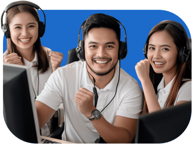 Select VoiceCom employee with headset representing customer service outsourcing