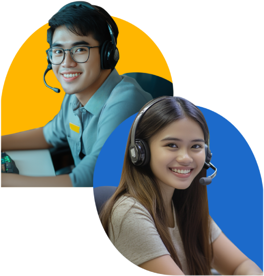 Happy employees wearing headsets providing consumer goods and manufacturing support services