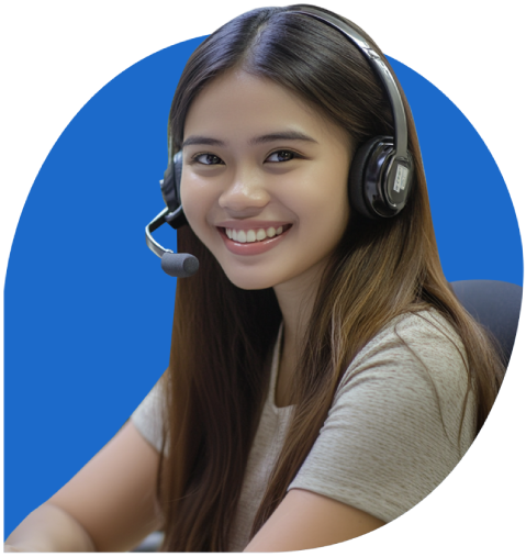 Happy employee wearing headset providing outsourced call center services