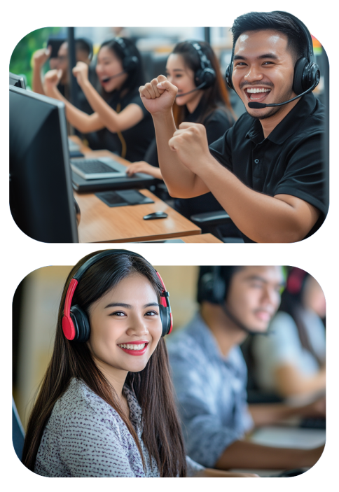 Happy employees wearing headsets at Select VoiceCom